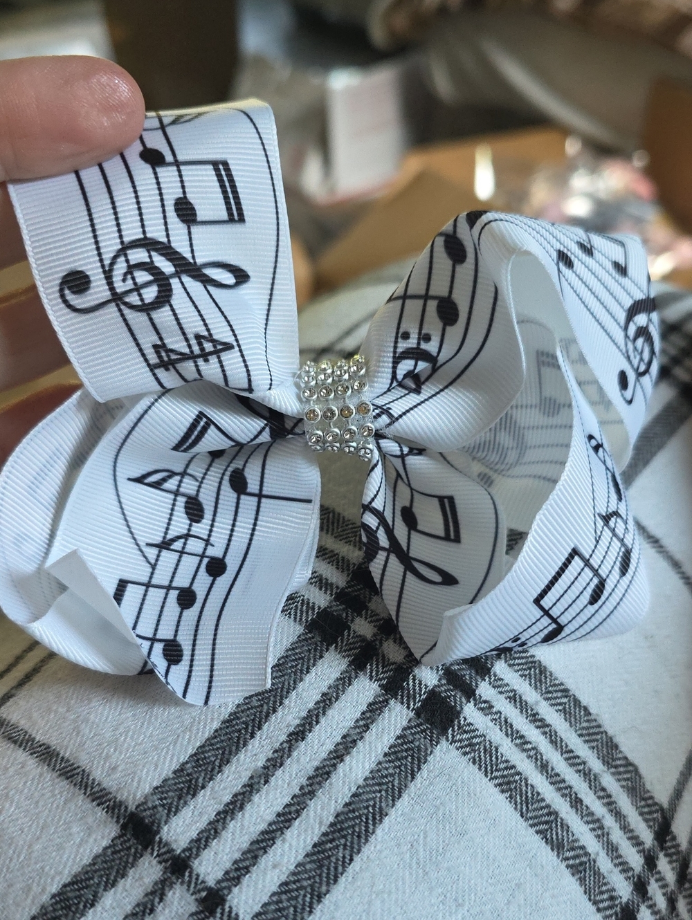 White Musical Notes Hair Bow with Rhinestone Center